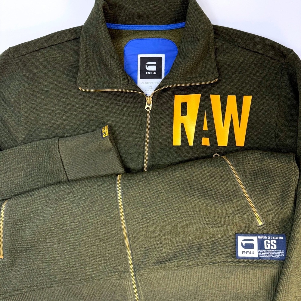 G-Star Raw Mens XL Full Zip Sweatshirt Olive Green Yellow Graphic Mock Neck GS
